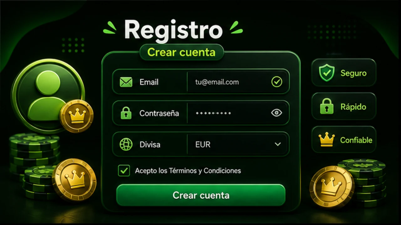 Formulario de alta de Oscarspin con correo contraseña y divisa