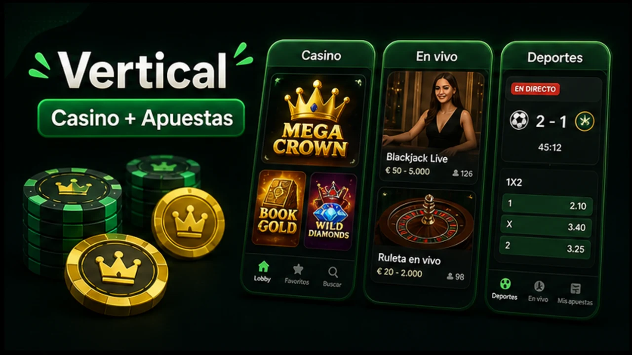 Casino, mesa con crupier y apuestas deportivas en pantalla vertical