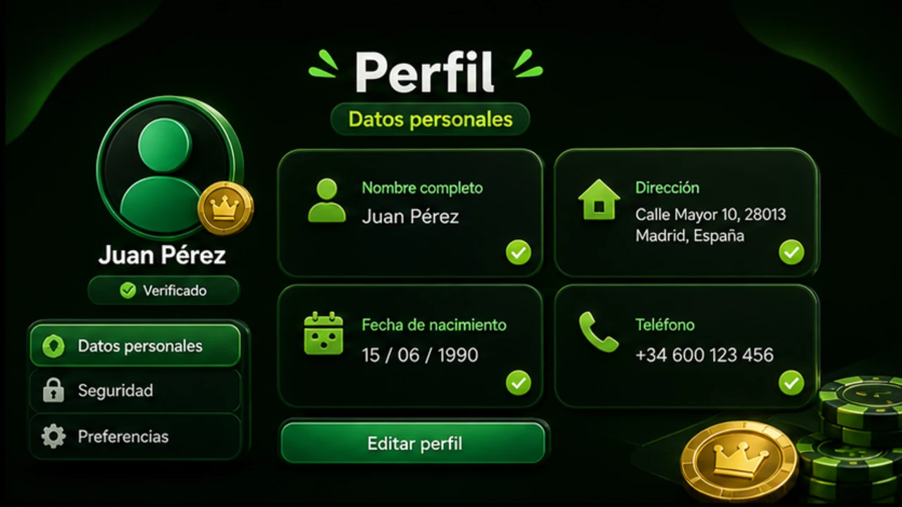 Pantalla del perfil con nombre apellidos y dirección del jugador